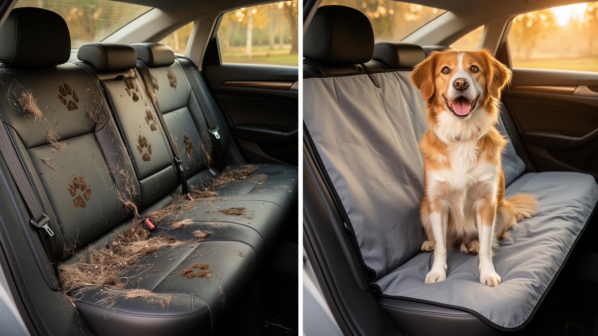 Before and after: messy car back seat with dog hair compared to a clean back seat protected by the seat cover